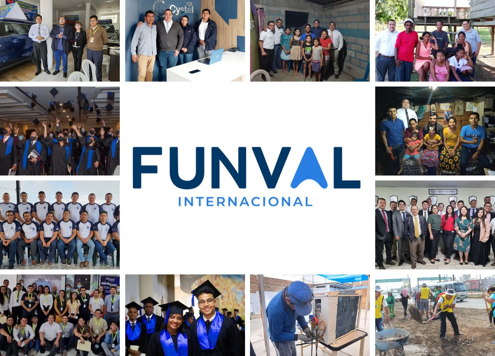 Collage de fotografías de Funval Internacional: graduaciones, equipos técnicos y trabajo en campo